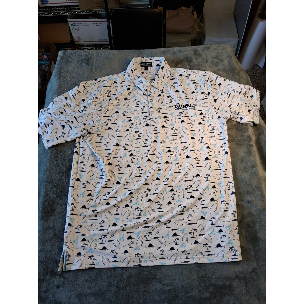 White Water Mens XL Performance Polo Shirt Fishing Tropical Palm Tree LIUNA Wht